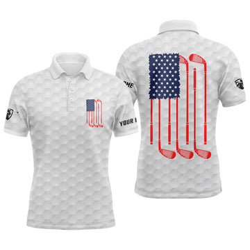 Custom Golf Custom Name Men Polo Shirt - Patriotic American Flag Golf Clubs White Apparel - Personalized Best Gift For Golf Lover, Team, Golfer, 4th July
