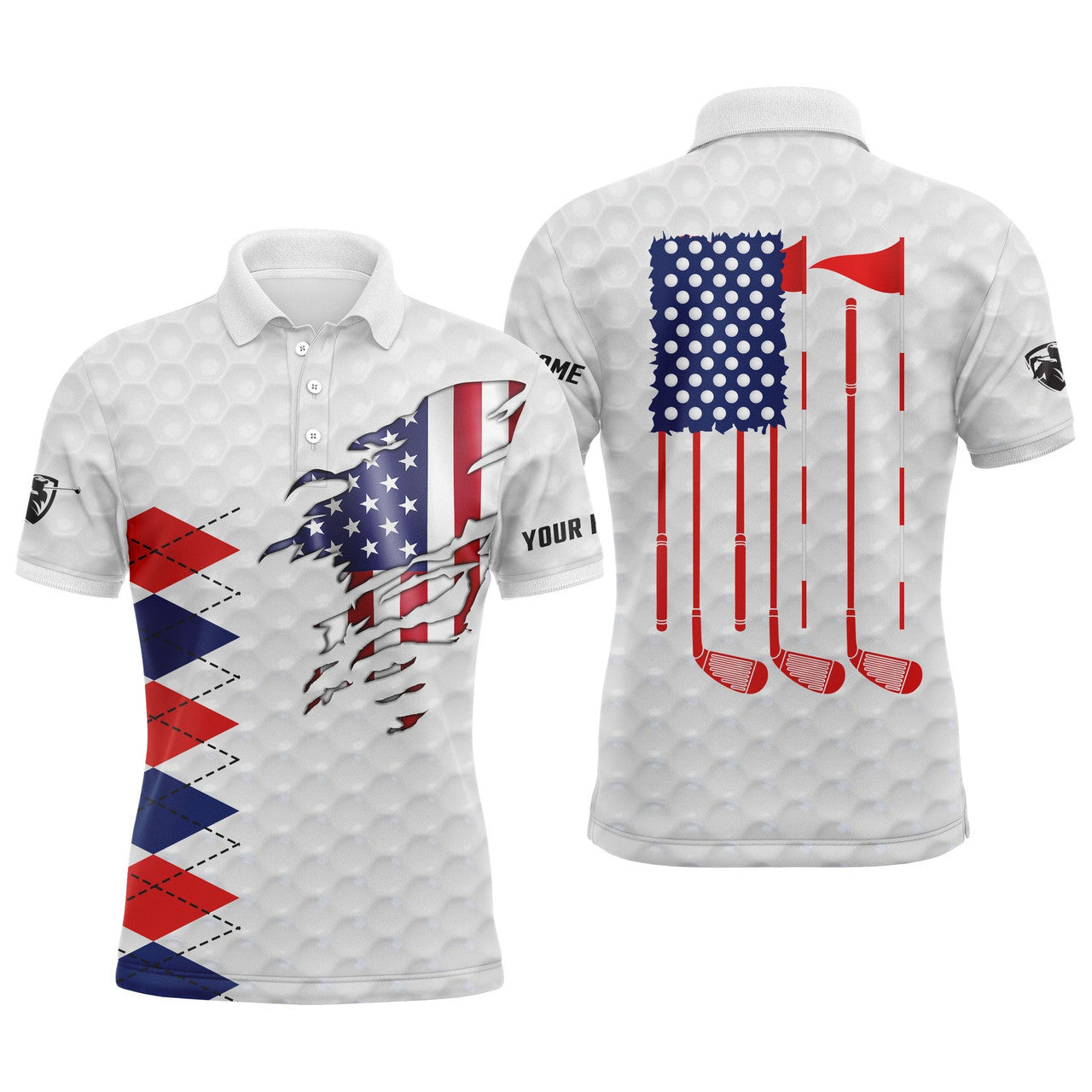 Custom Golf Men Polo Shirt - Custom Name American Flag White Apparel - Personalized Gift For Golf Lover, Male, Husband, Team, Patriotic, Independence Day