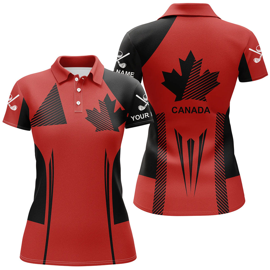 Custom Personalized Black And Red Canada Flag Golf Polo Shirt For Women Custom Patriotic Gifts For Golf Lover