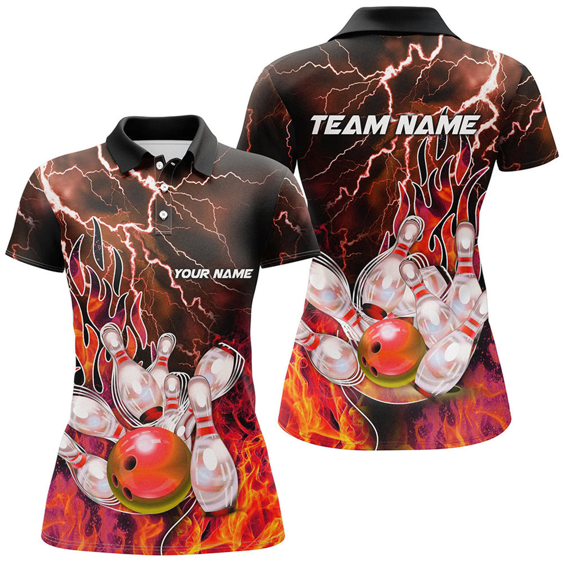 Custom Women Bowling Polo, Shirt Custom orange lightning thunder Bowling Team Jersey, gift for Bowler