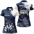 Custom Navy And White Women Bowling Polo Shirts Custom Retro Bowling Ball Pins Bowling Team League Jerseys