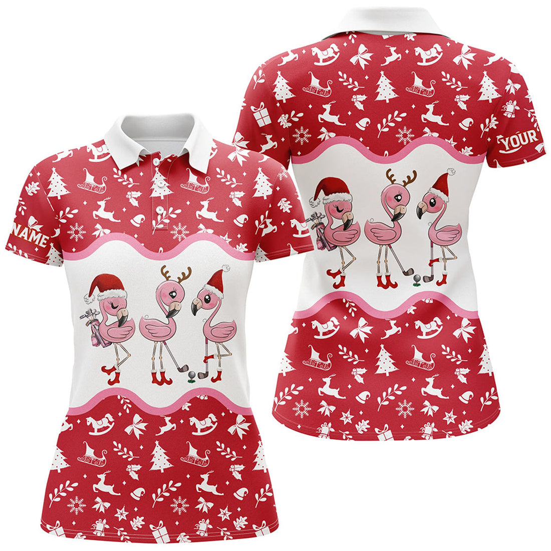 Custom Red And White Christmas Pattern Womens Golf Polo Shirt Custom Flamingo Christmas Polo Shirts For Women