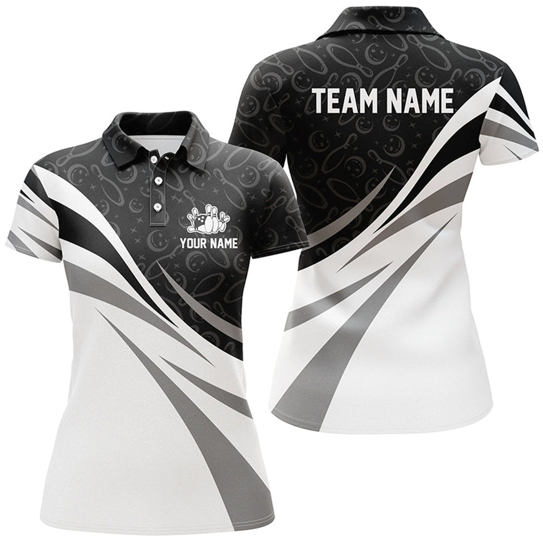 Custom White And Black Camo Bowling Polo Shirts For Women Custom Team Bowling Jerseys, Gift For Bowlers