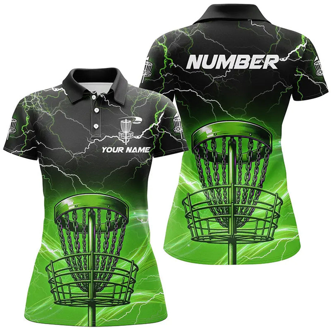 Custom Green Light Lightning Thunder Disc Golf Basket Womens Disc Golf Polo Shirt Custom Ladies Disc Golf Top