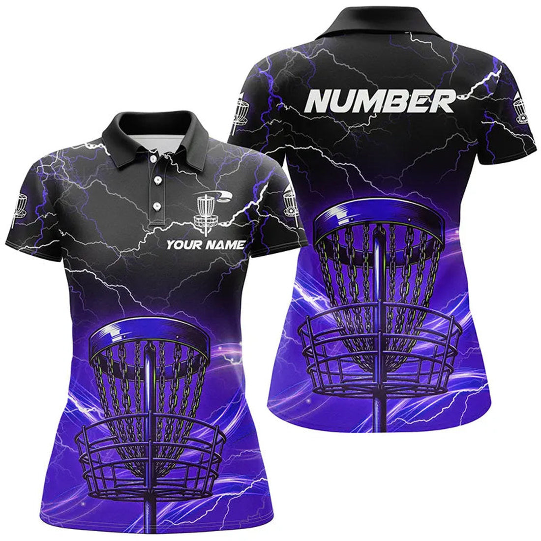 Custom Purple Light Lightning Thunder Disc Golf Basket Womens Disc Golf Polo Shirt Custom Disc Golf Tops