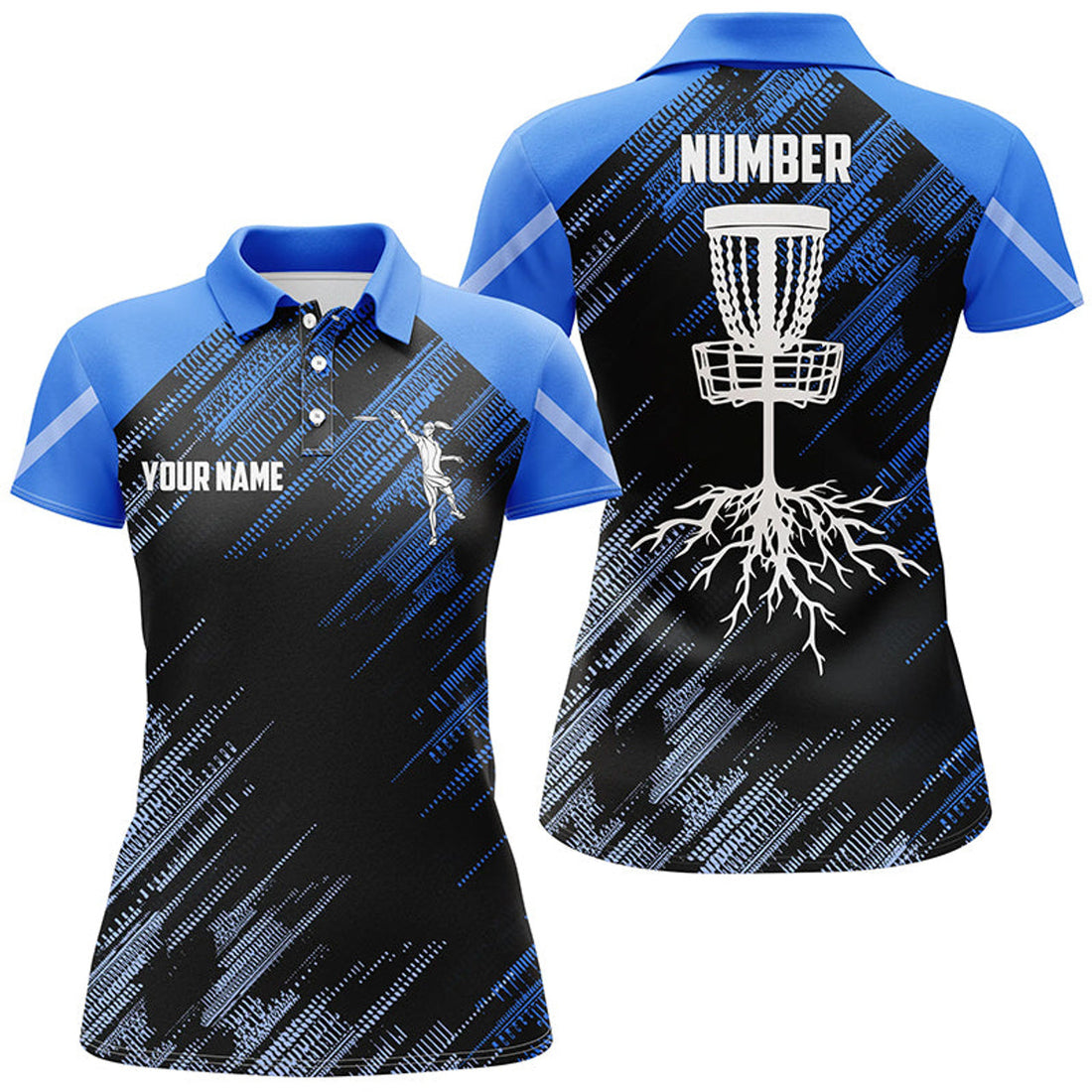 Custom Blue Disc Golf Basket Camo Custom Name & Number Womens Polo Shirts, Ladies Disc Golf Outfit
