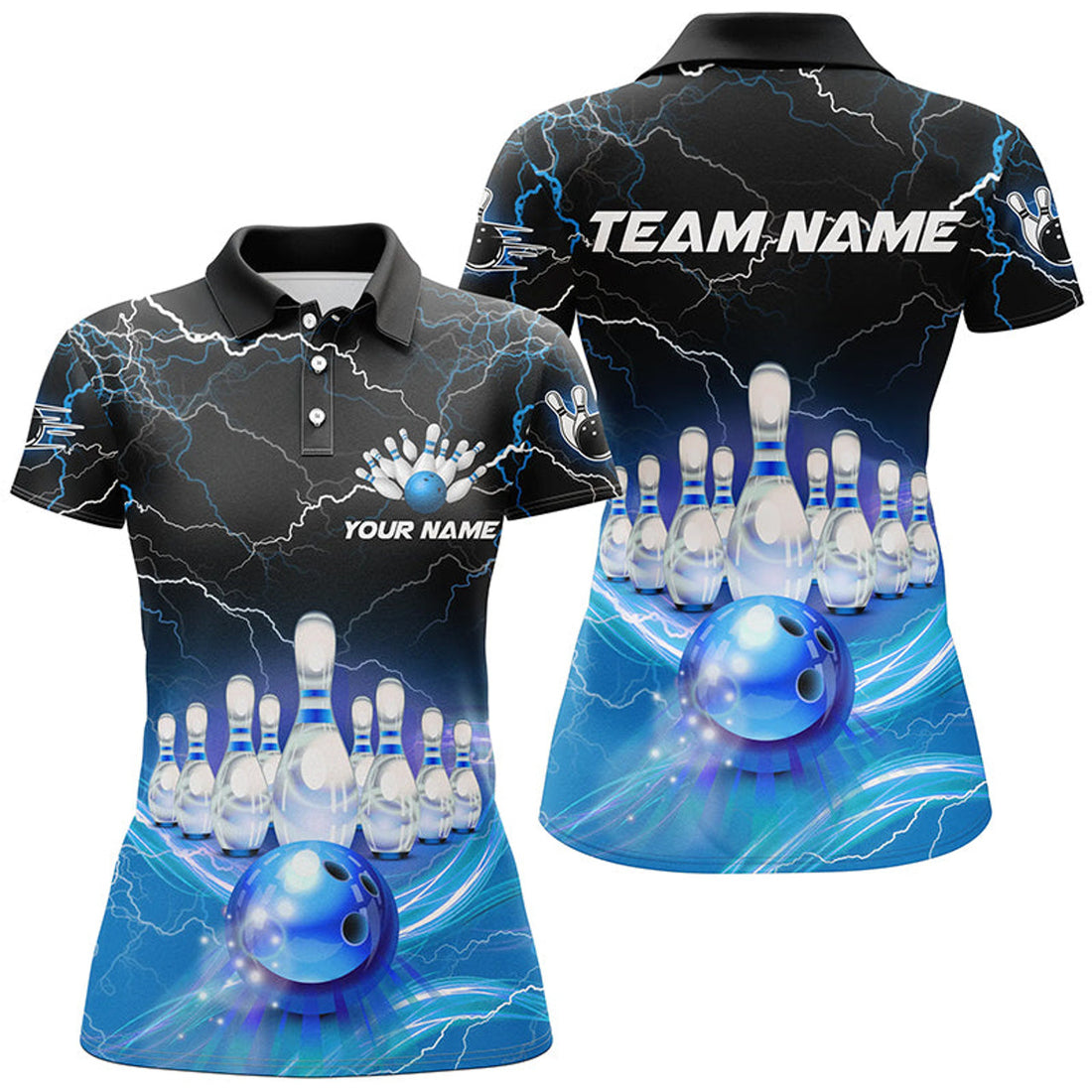 Custom Blue Light Lightning Thunder Women Bowling Polo Shirts Custom Team Bowling Jerseys, Gift For Bowlers
