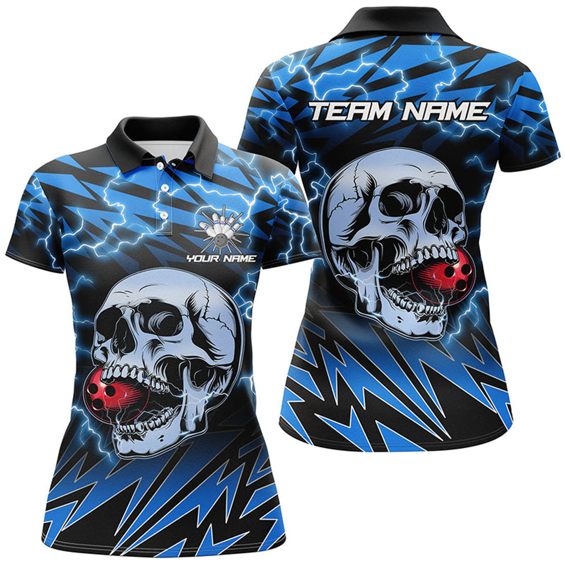 Custom Women Bowling Polo Shirts Custom Blue Lightning Thunder Skull Bowling Team Jersey, Gift For Bowlers