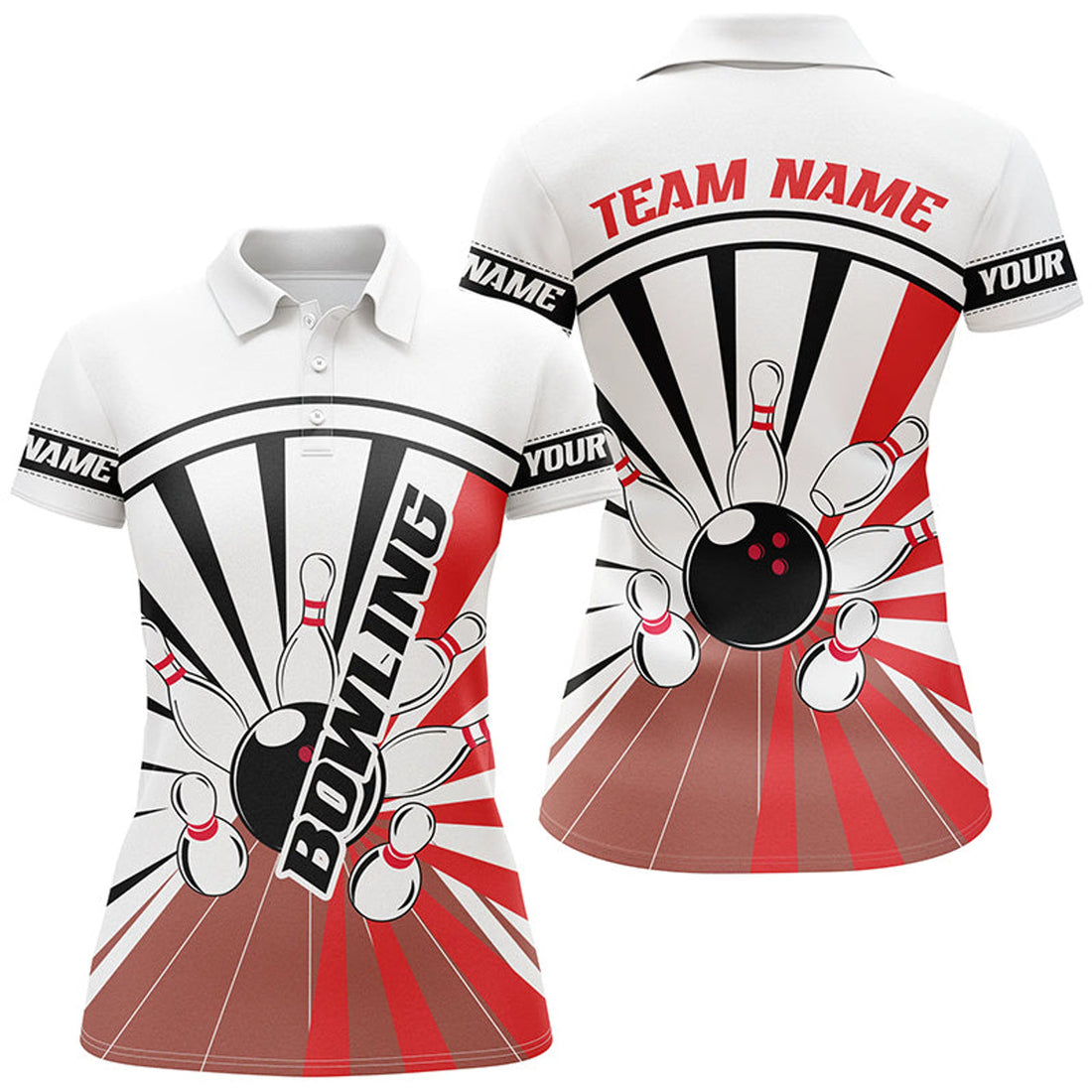 Custom Retro Bowling Ball And Pins Custom Women Bowling Polo, Team Bowling Jerseys | Red