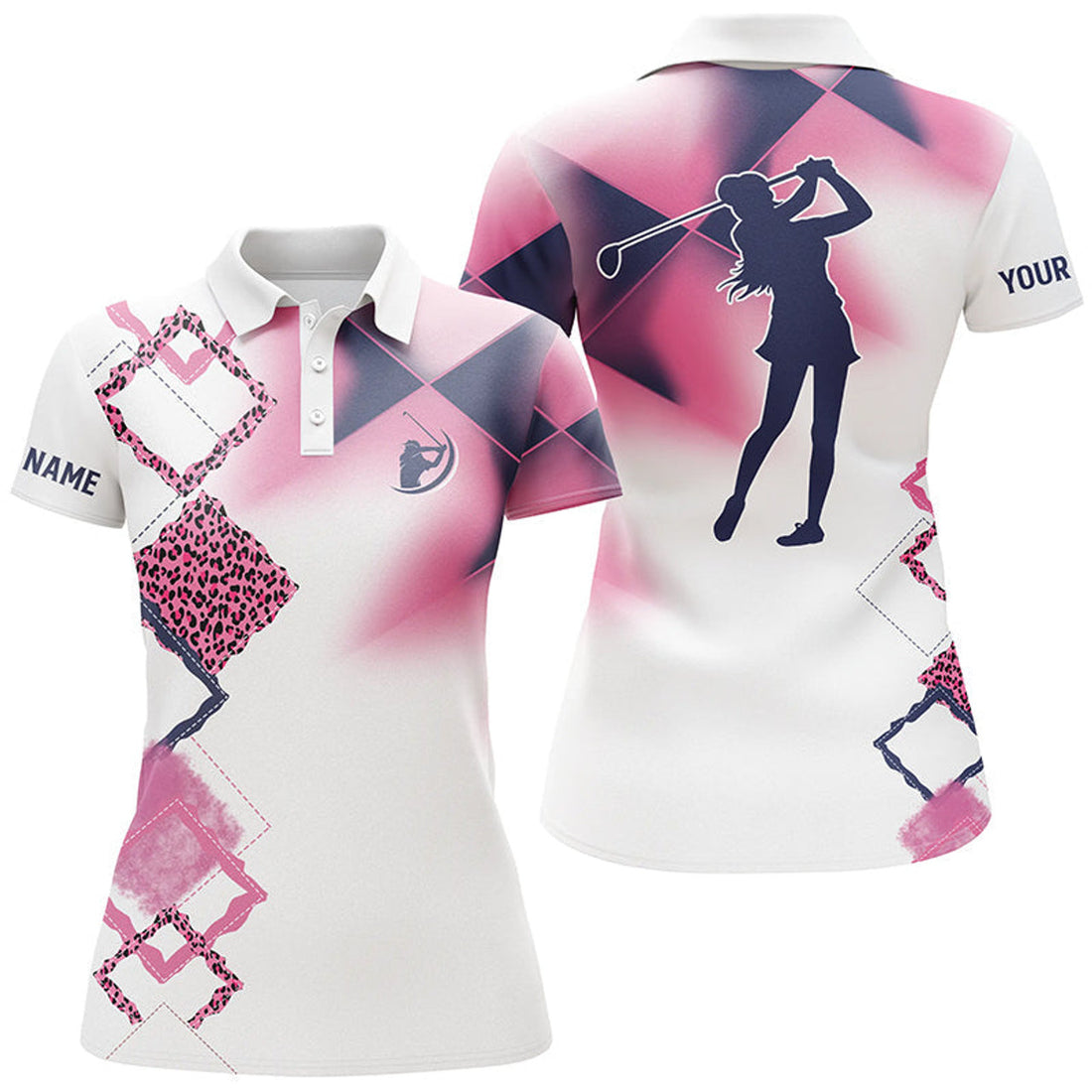 Custom Womens Golf Polo Shirt Pink Leopard Custom Name White Golf Shirt, Women Golf Tops