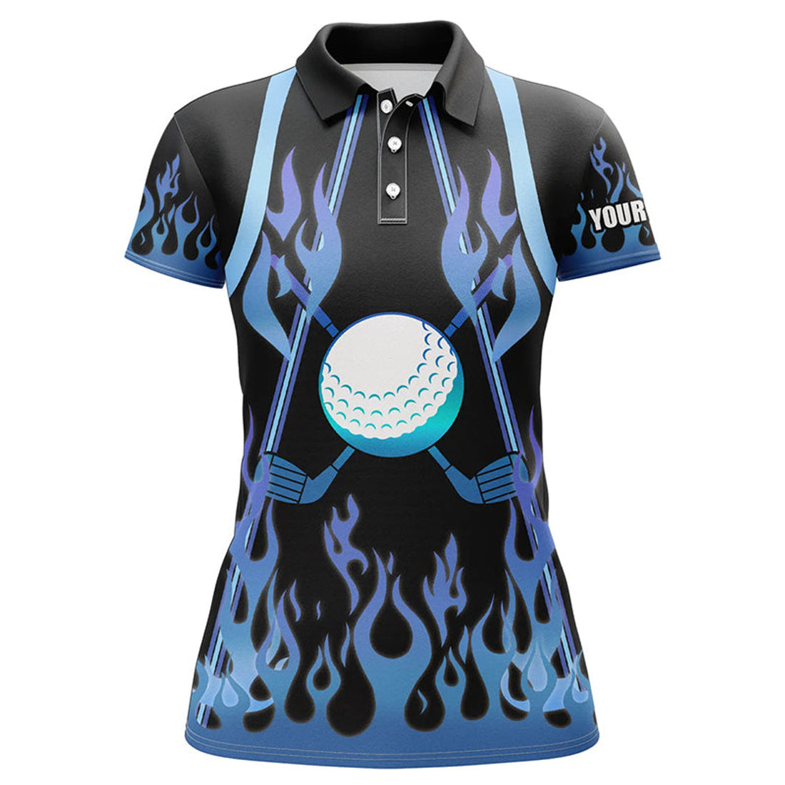 Custom Women Golf Polo Shirts Blue Fire Pattern Golf Clubs Shirt For Ladies, Personalized Golf Gifts