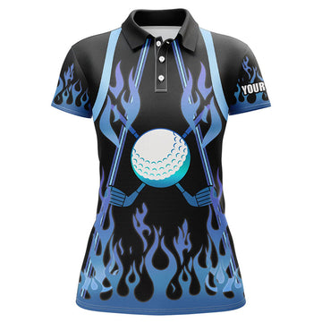 Custom Women Golf Polo Shirts Blue Fire Pattern Golf Clubs Shirt For Ladies, Personalized Golf Gifts