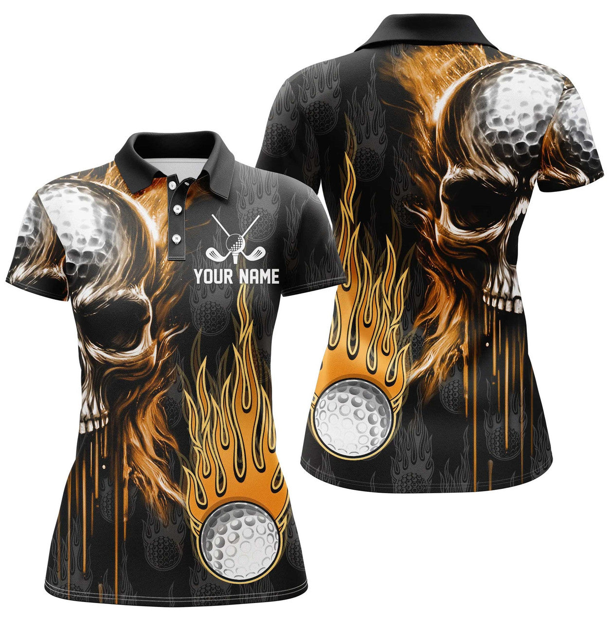 Custom Womens Golf Polos Shirts Custom Skull Golf Fire Black Golf Apparel, Coolest Polo Shirts For Ladies