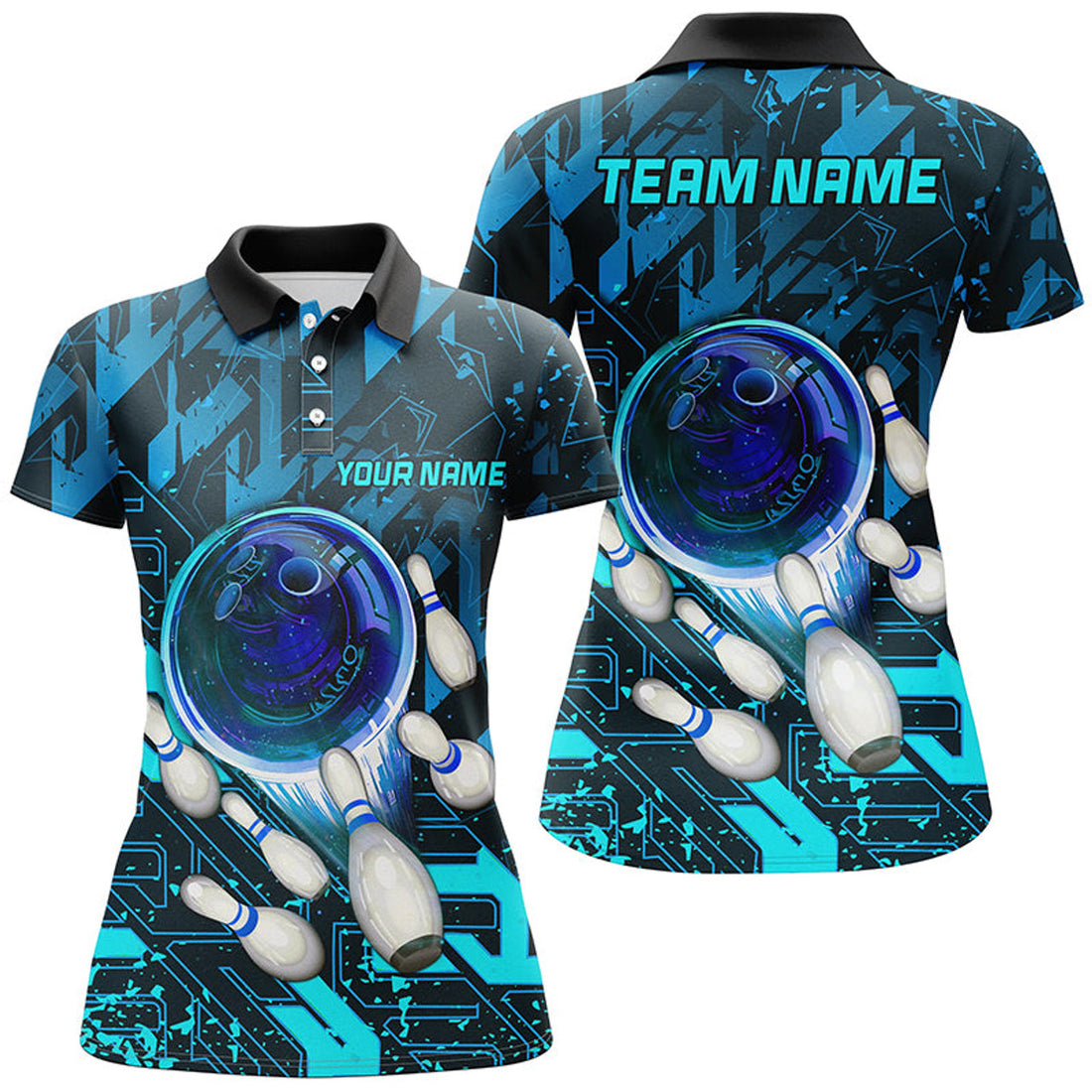 Custom Women Bowling Polo Shirts Custom Blue Abstract Bowling Team League Jerseys, Gifts For Bowlers