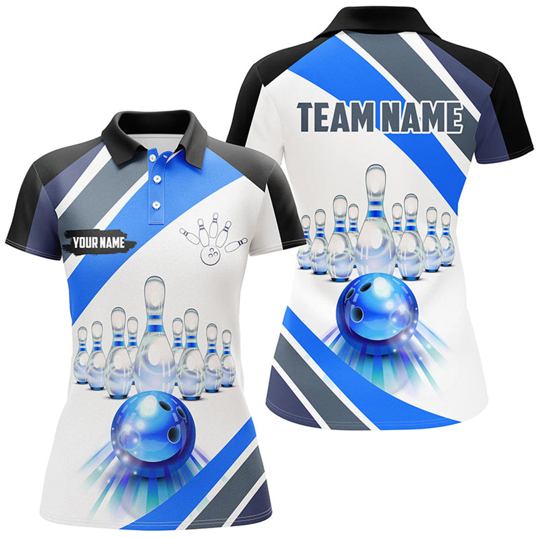 Custom Blue Light Bowling Polo for Women Custom Bowling ball and pins Team League Jerseys