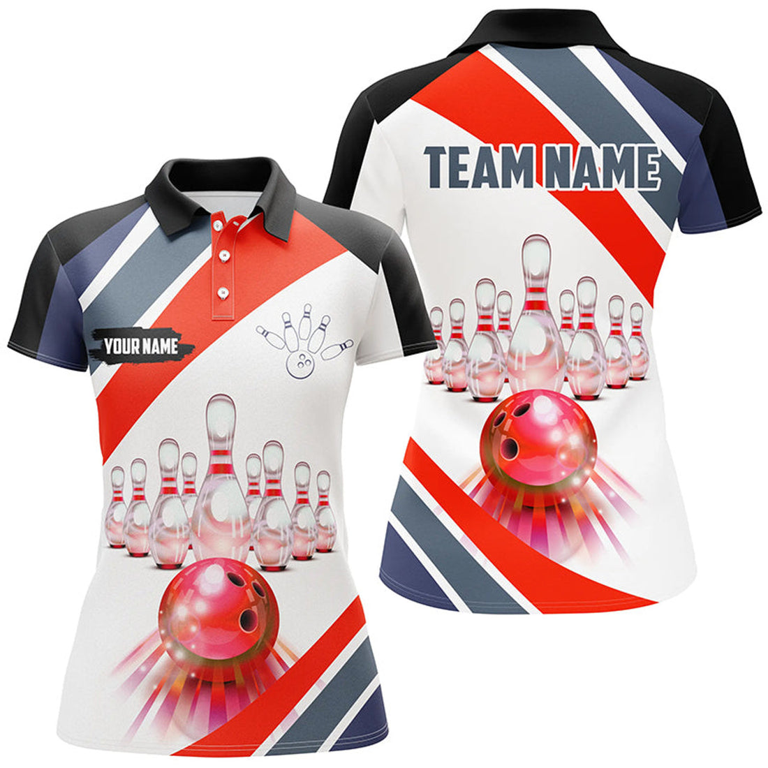 Custom Red Light Bowling Polo for Women Custom Bowling ball and pins Team League Jerseys