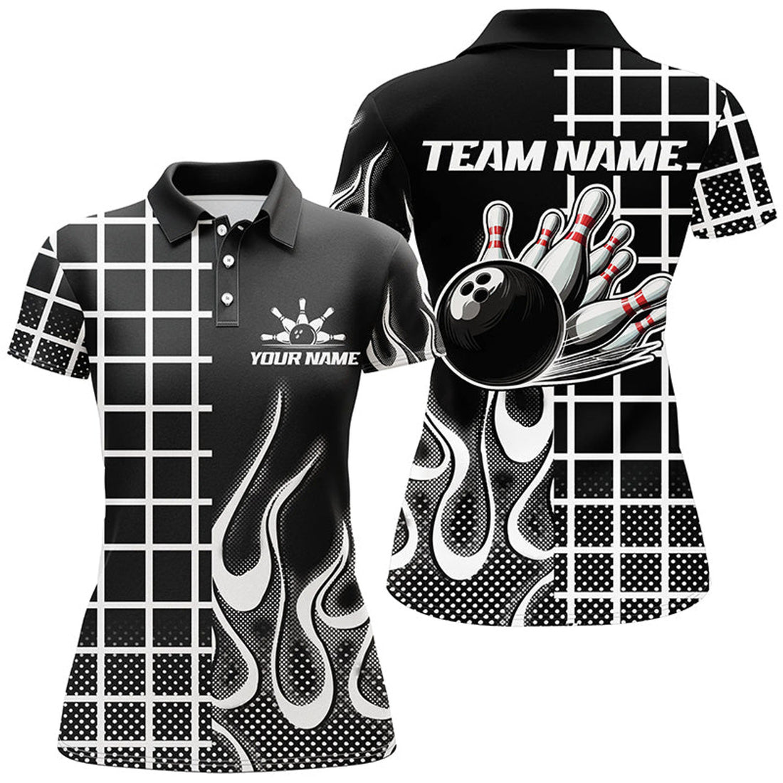 Custom Black and white retro Bowling Polo for Women Custom Bowling Team League Jerseys