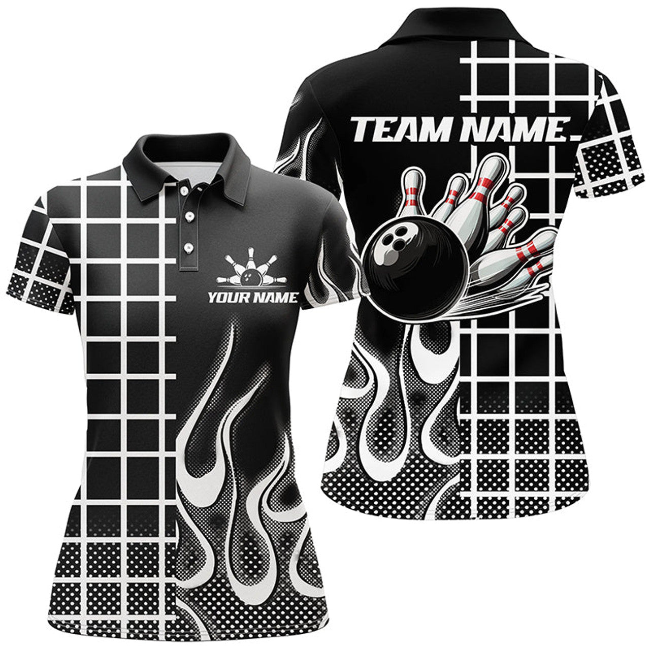 Custom Black and white retro Bowling Polo for Women Custom Bowling Team League Jerseys