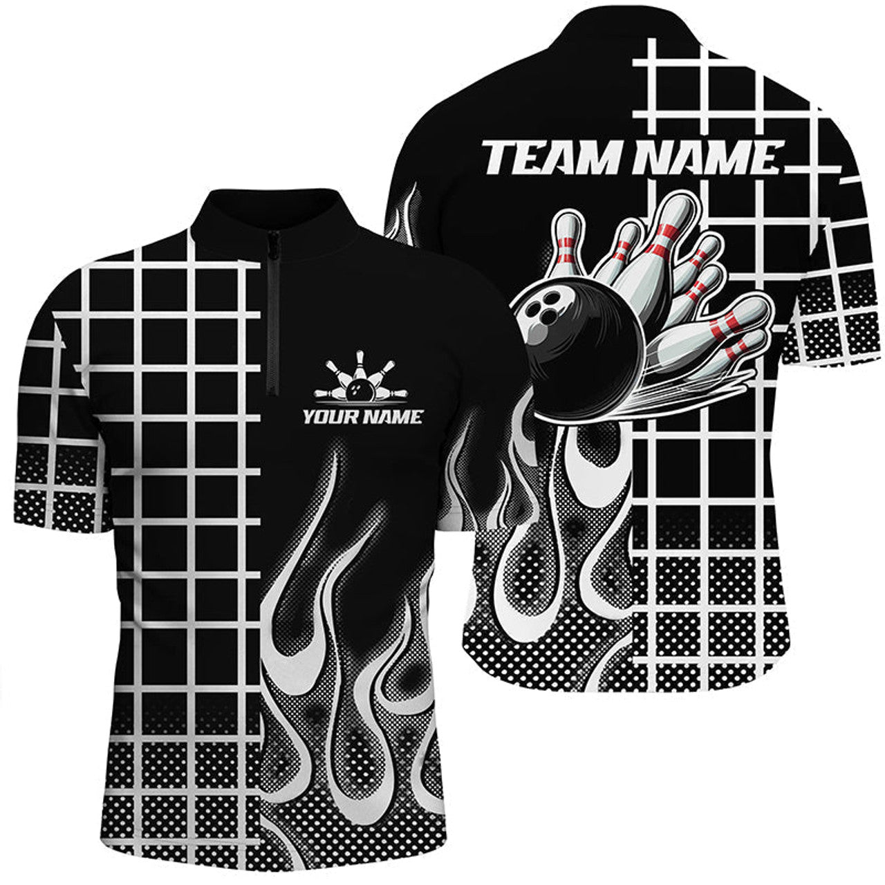 Custom Bowling And Pins Black And White Retro Customized Name, Team Name 3D Jersey Polo Shirt For Men