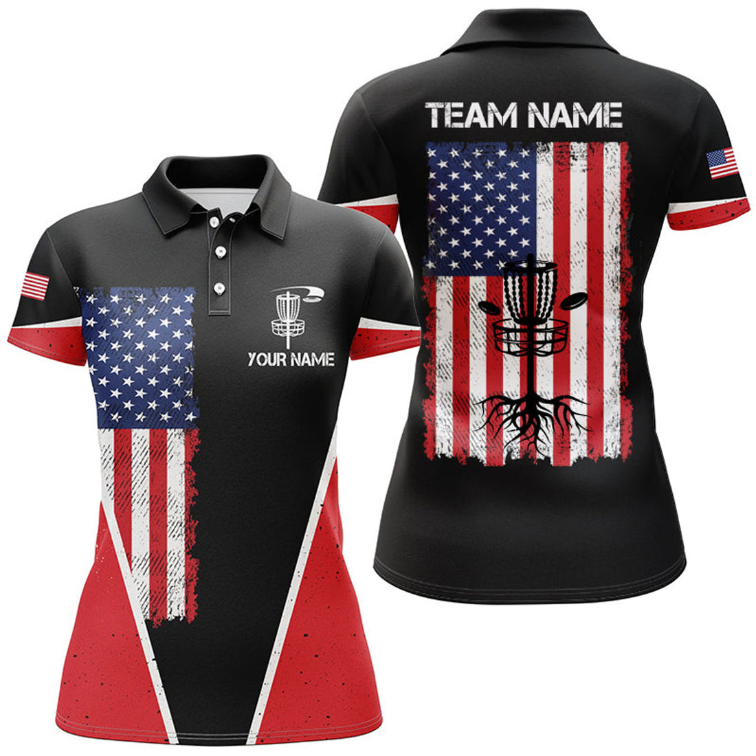 Custom Black Womens Disc Golf Polo Shirts Vintage American Flag Patriot Custom Frisbee Golf Shirt For Ladies