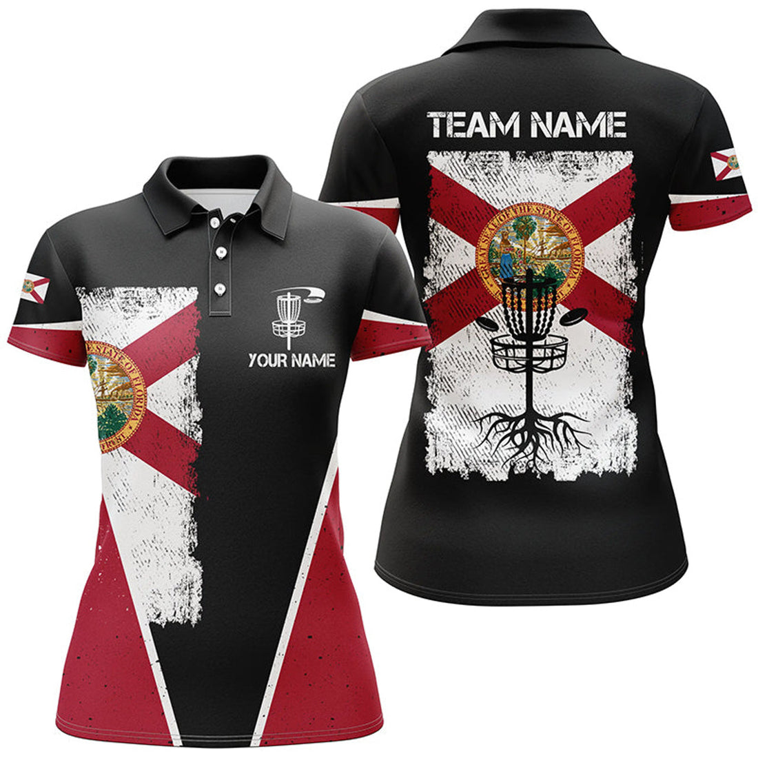 Custom Black Womens Disc Golf Polo Shirts Vintage Florida Flag Patriot Custom Frisbee Golf Shirt For Ladies