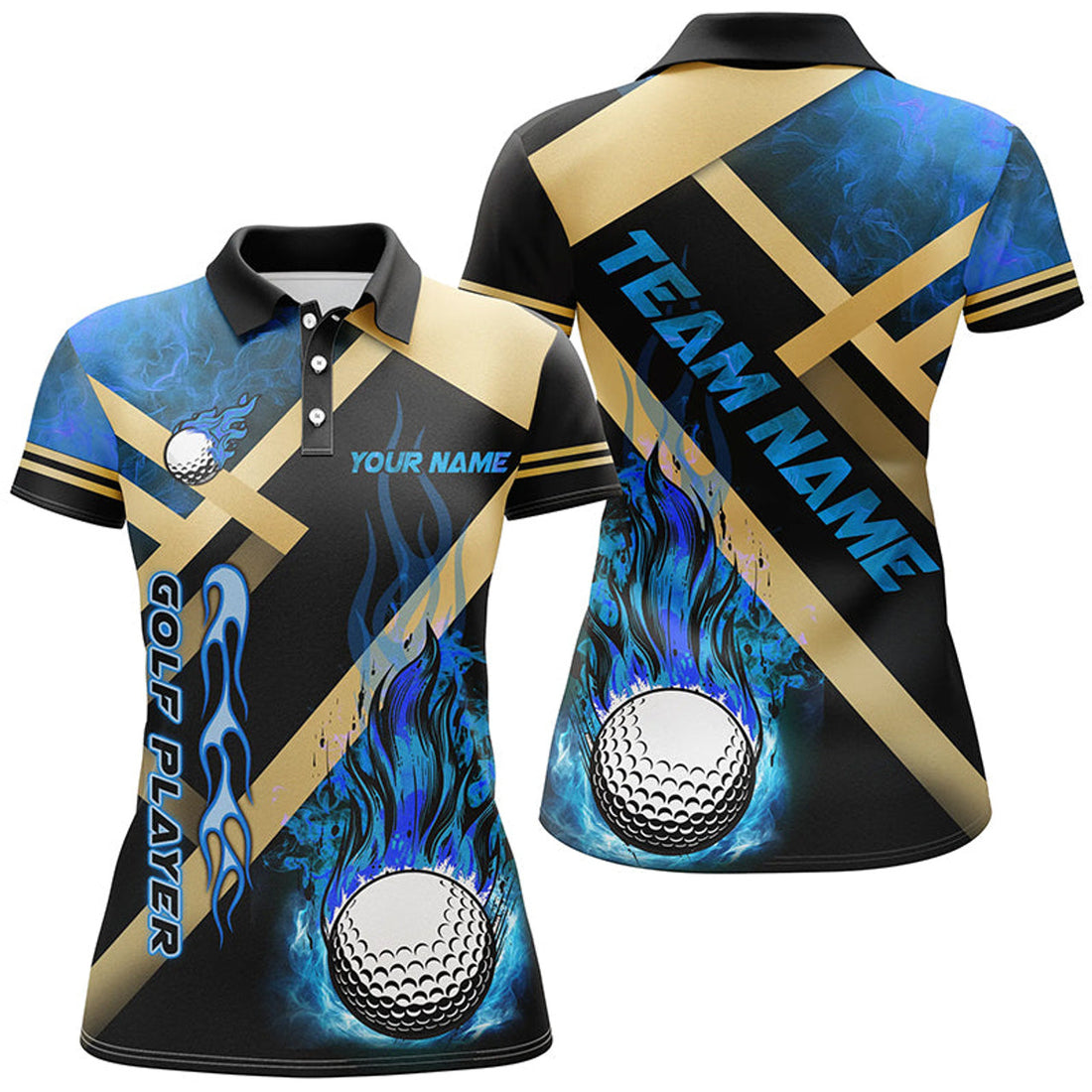 Custom Womens Golf Polo Shirt Custom Blue Flame Golf Ball Golf Apparel For Ladies, Personalized Golf Gifts