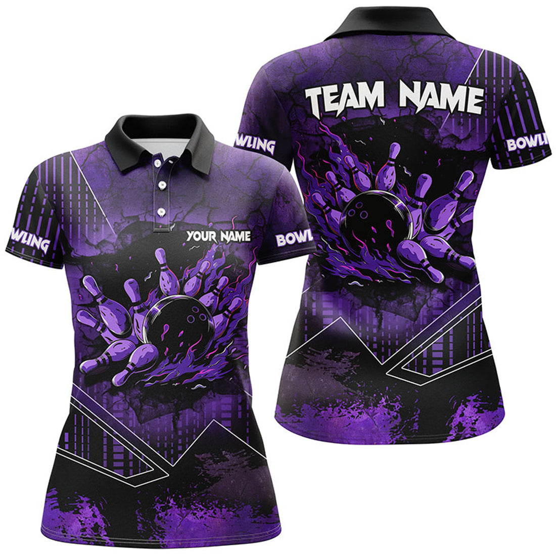 Custom Purple grunge flame bowling ball pins Women Bowling Polo custom bowling Team jersey