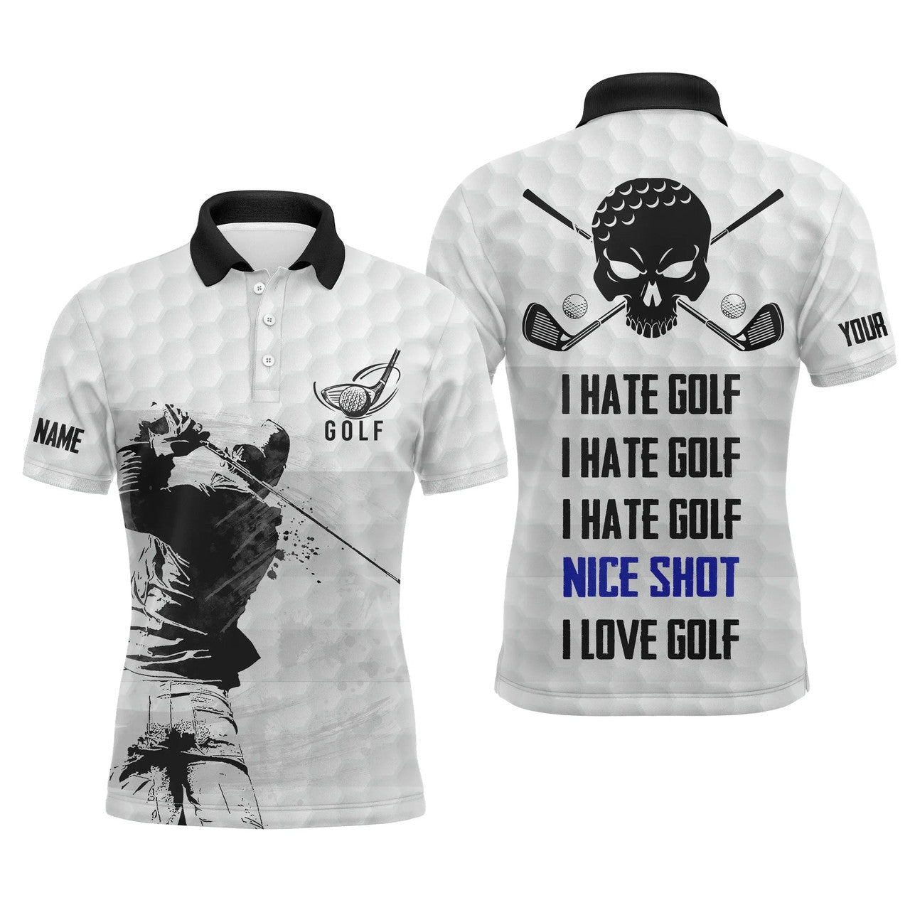 Custom Golf Men Polo Shirt - Custom Name Skull Apparel - Personalized Gift For Golf Lover, Team - I Hate Golf Nice Shot I Love Golf