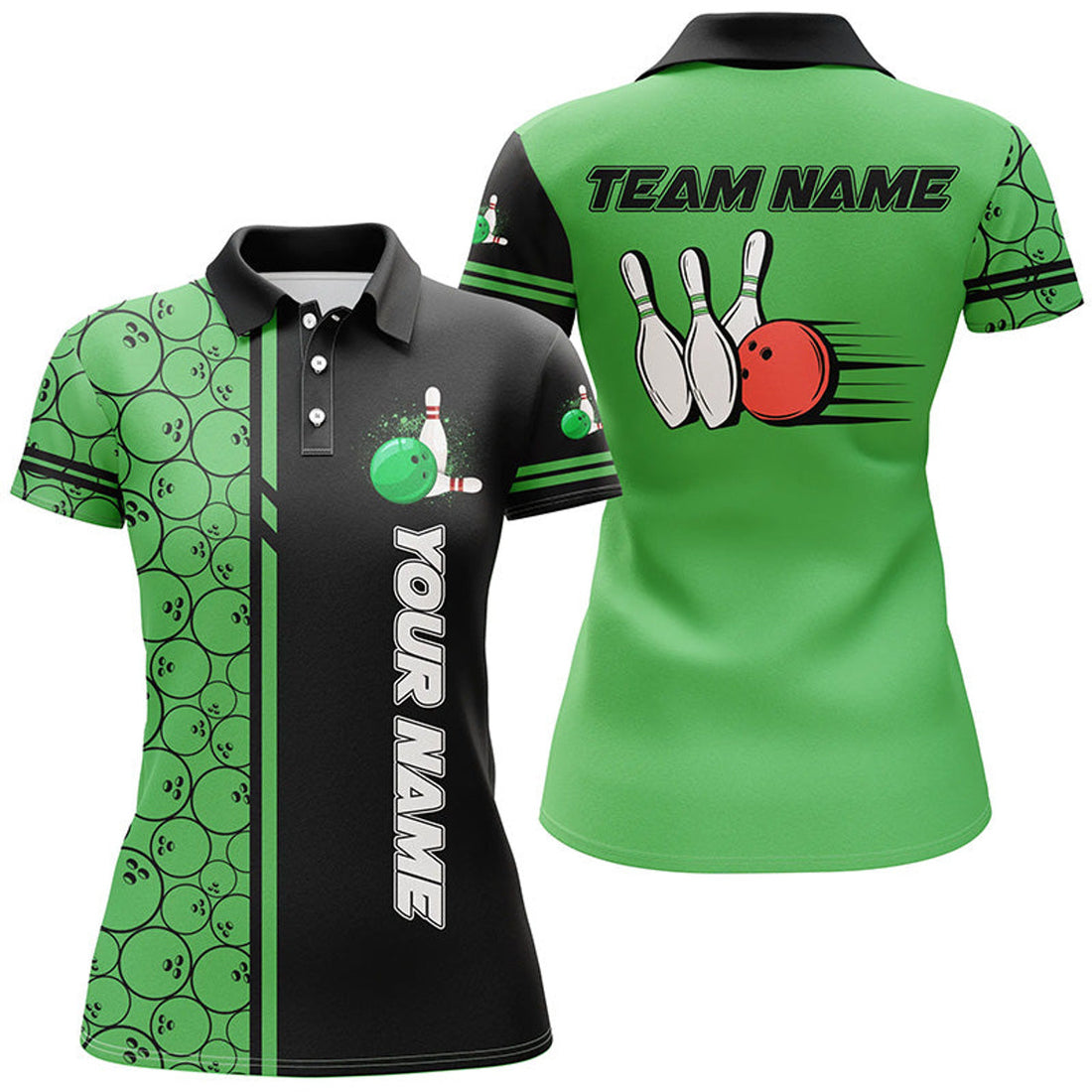 Custom Women Bowling Polo Shirts Custom Black And Green Camo Vintage Bowling Shirts, Women Bowling Jerseys