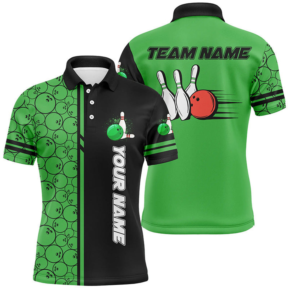 Custom Mens Polo Bowling Shirts Custom Black And Green Camo Vintage Bowling Shirts, Men Bowling Jerseys