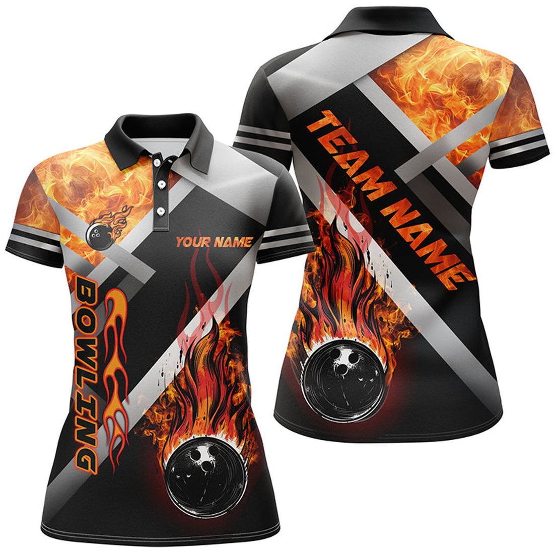 Custom Women Bowling Polo Shirts Custom Black Bowling Ball Flame Bowling Team Jerseys, Gift For Bowlers