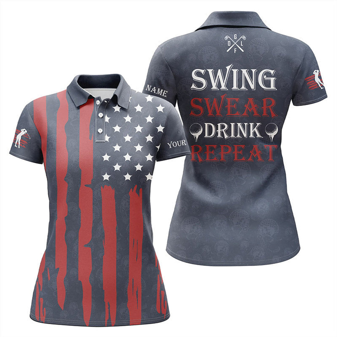 Custom Womens Golf Polo Shirts Custom American Flag Patriotic Golf Shirt Swing Swear Drink Repeat