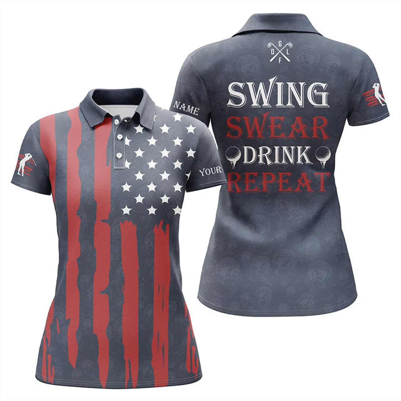 Custom Womens Golf Polo Shirts Custom American Flag Patriotic Golf Shirt Swing Swear Drink Repeat