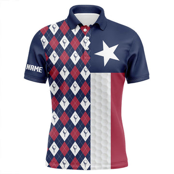 FUNSTUFFPRINT Mens golf polo shirts custom Red white blue argyle pattern Texas flag patriotic Mens golf gifts Polo Shirt Size S-5XL