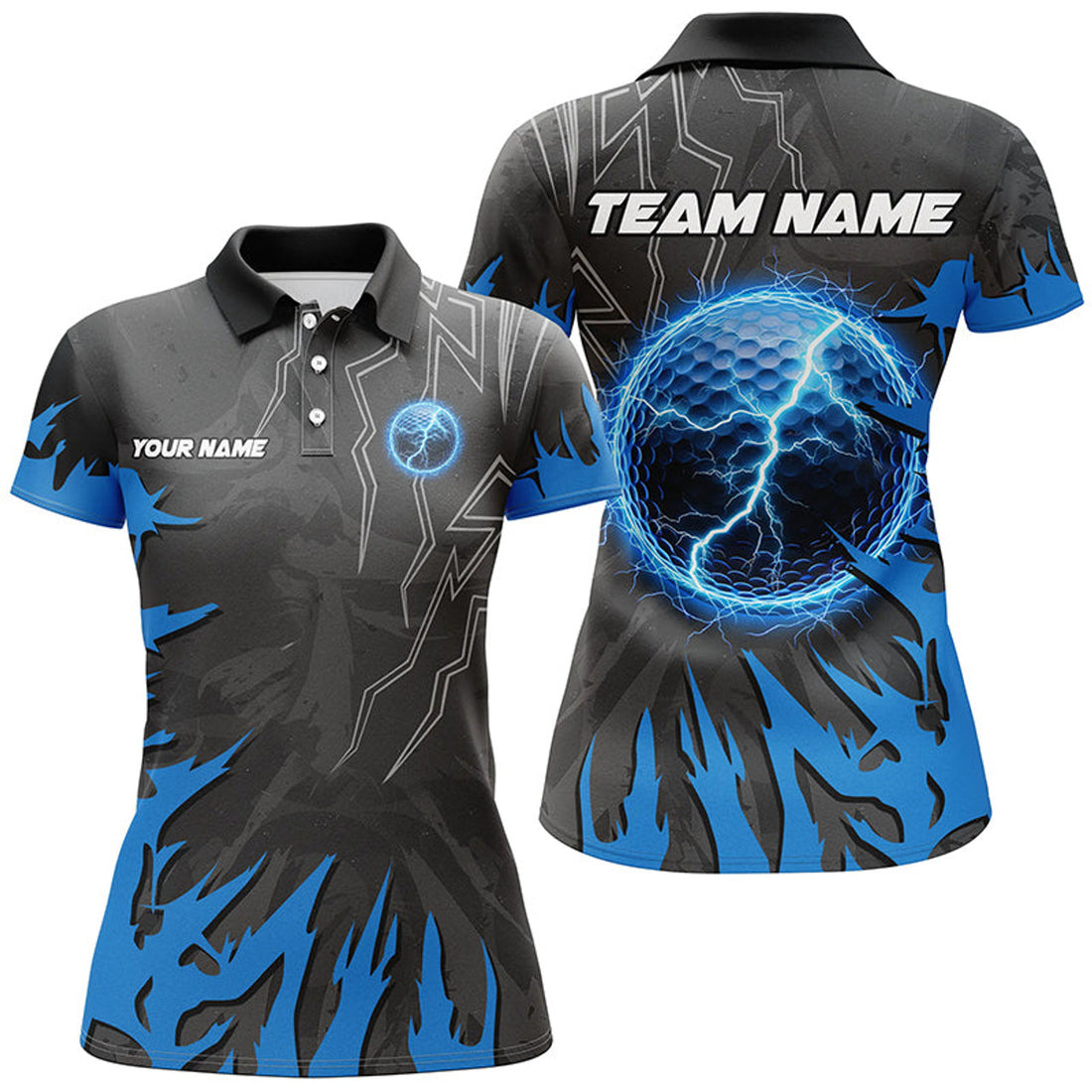 Custom Black And Blue Lightning Thunder Golf Ball Womens Golf Polo Shirts Custom Golf Outfits Ladies