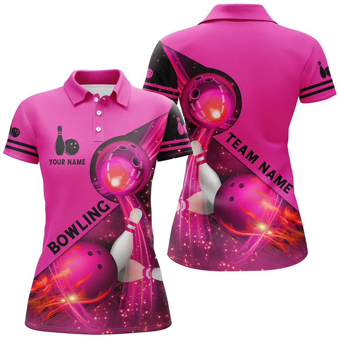 Custom Pink flame Bowling Shirts For Women Bowling Team League Jersey Custom pink light Bowling Polo Shirts