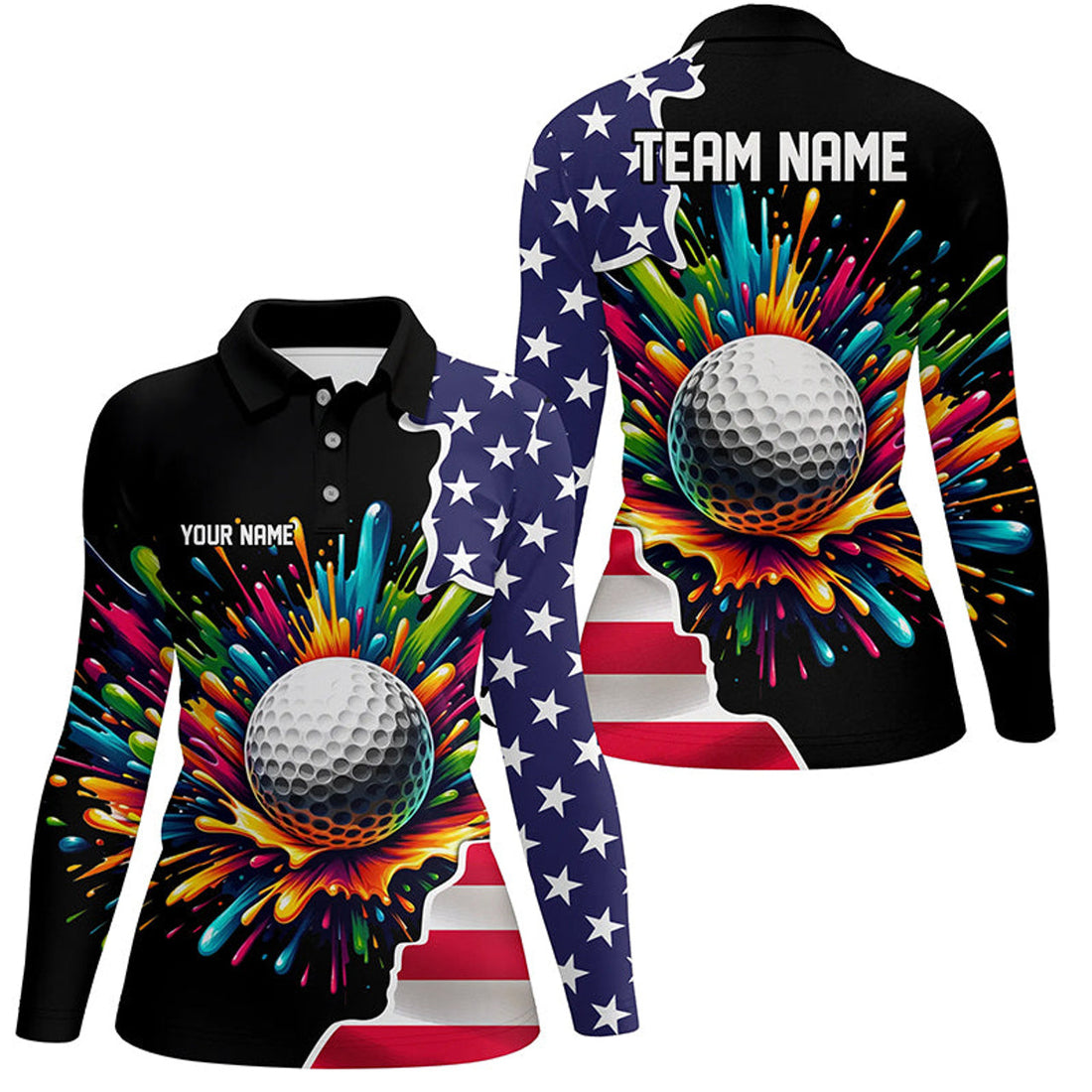 Custom American Flag Black Women Golf Polo Shirt Custom Colorful Paint Golf Shirts, Patriot Ladies Golf Tops