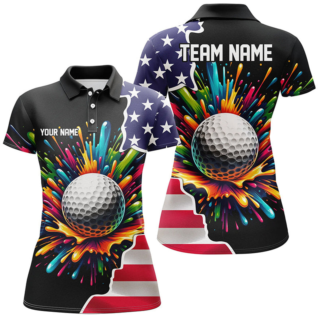 Custom American Flag Black Women Golf Polo Shirt Custom Colorful Paint Golf Shirts, Patriot Ladies Golf Tops