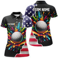 Custom American Flag Black Women Golf Polo Shirt Custom Colorful Paint Golf Shirts, Patriot Ladies Golf Tops