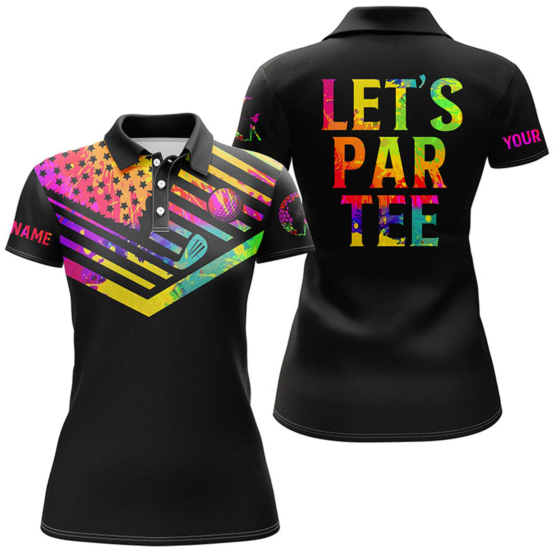 Custom Womens Golf Polo Shirts Watercolor American Flag Patriot Golf Custom Let's Par Tee Black Golf Shirt