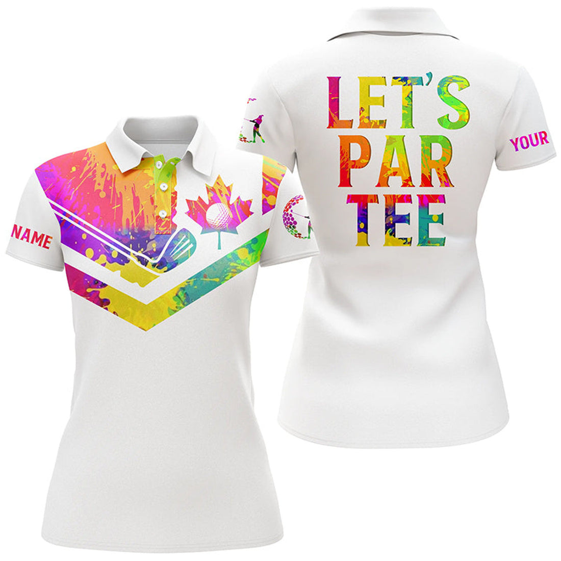 Custom Womens Golf Polo Shirts Watercolor Canadian Flag Patriot Custom Name Let's Par Tee White Golf Shirt