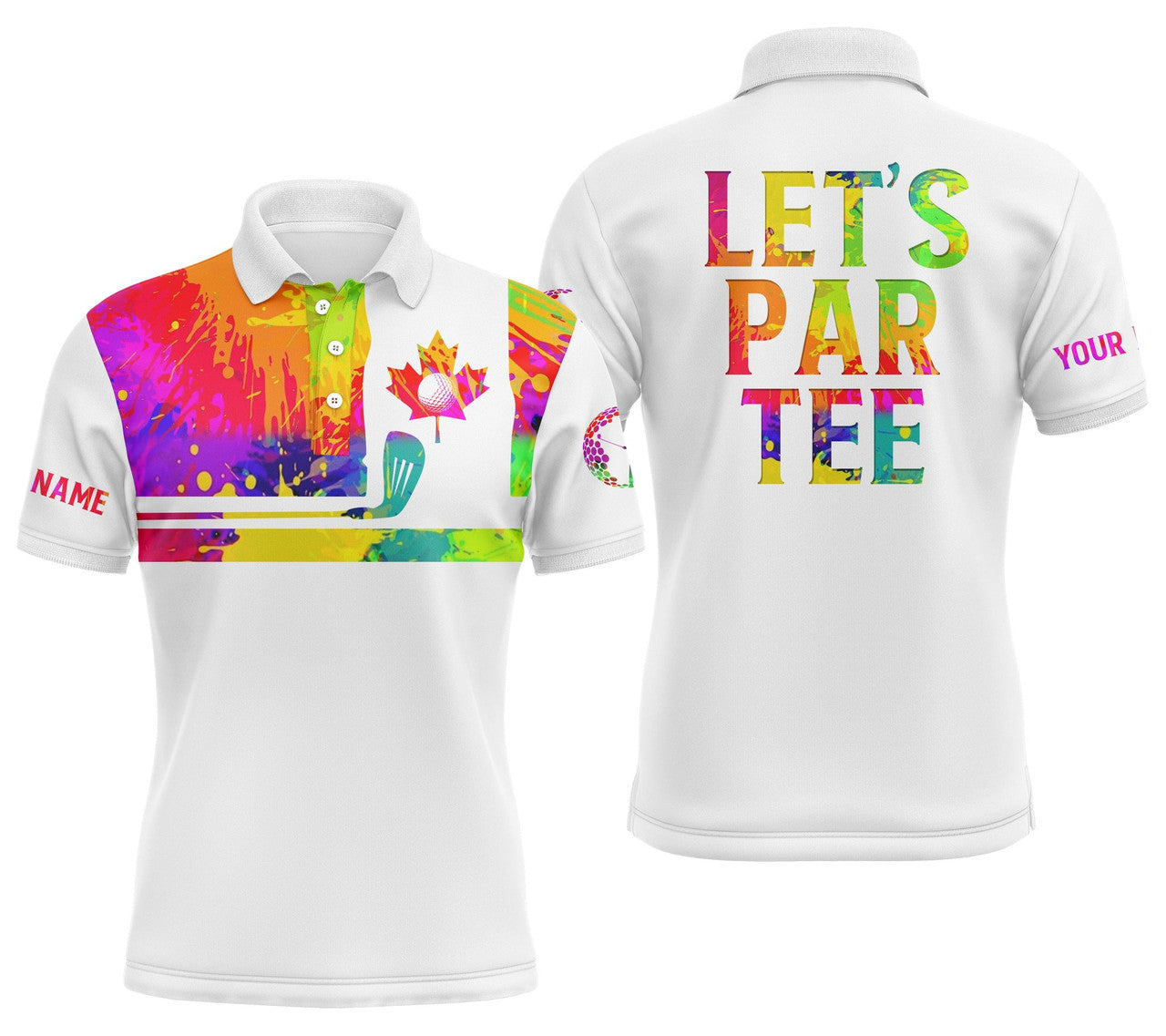 FUNSTUFFPRINT Mens golf polo shirt watercolor Canadian flag patriot golf custom name Let's Par Tee white golf Polo Shirt Size S-5XL