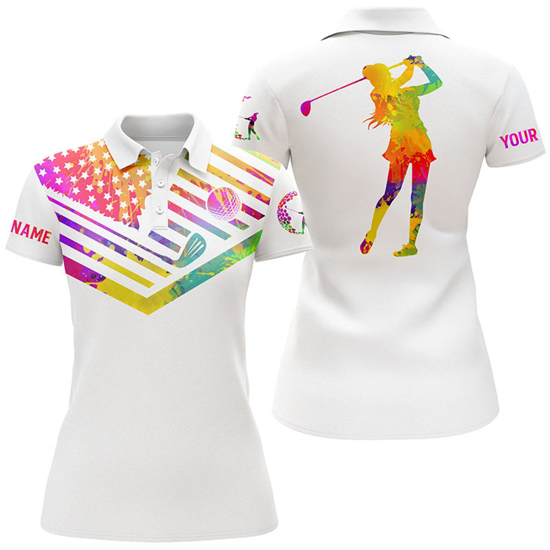 Custom Womens Golf Polo Shirt Watercolor American Flag Custom Name White Golf Shirt