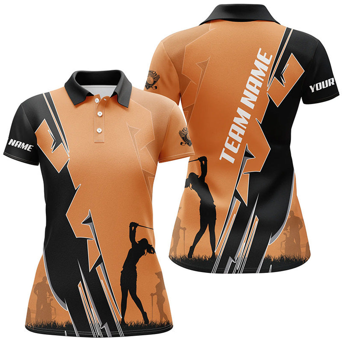 Custom Women Golf Polo Shirts Custom Orange And Black Ladies Golf Tops, Best Golf Gifts