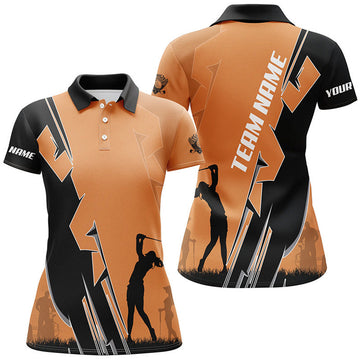 Custom Women Golf Polo Shirts Custom Orange And Black Ladies Golf Tops, Best Golf Gifts