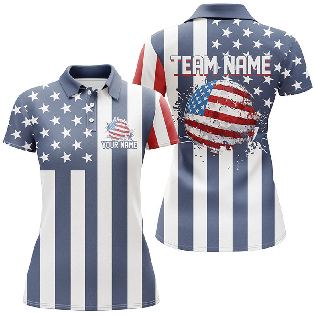 Custom Women Golf Polo Shirts Custom Red, White And Blue American Flag Ladies Golf Tops, Best Golf Gifts