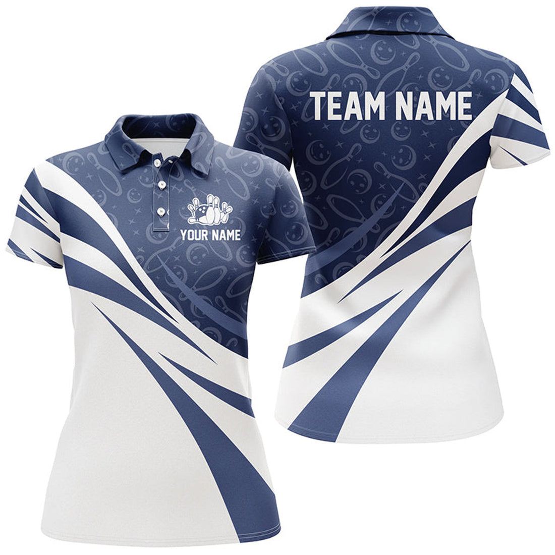Custom White & Blue Camo Women Bowling Polo, Custom Team Bowling Jerseys, Gift For Bowlers