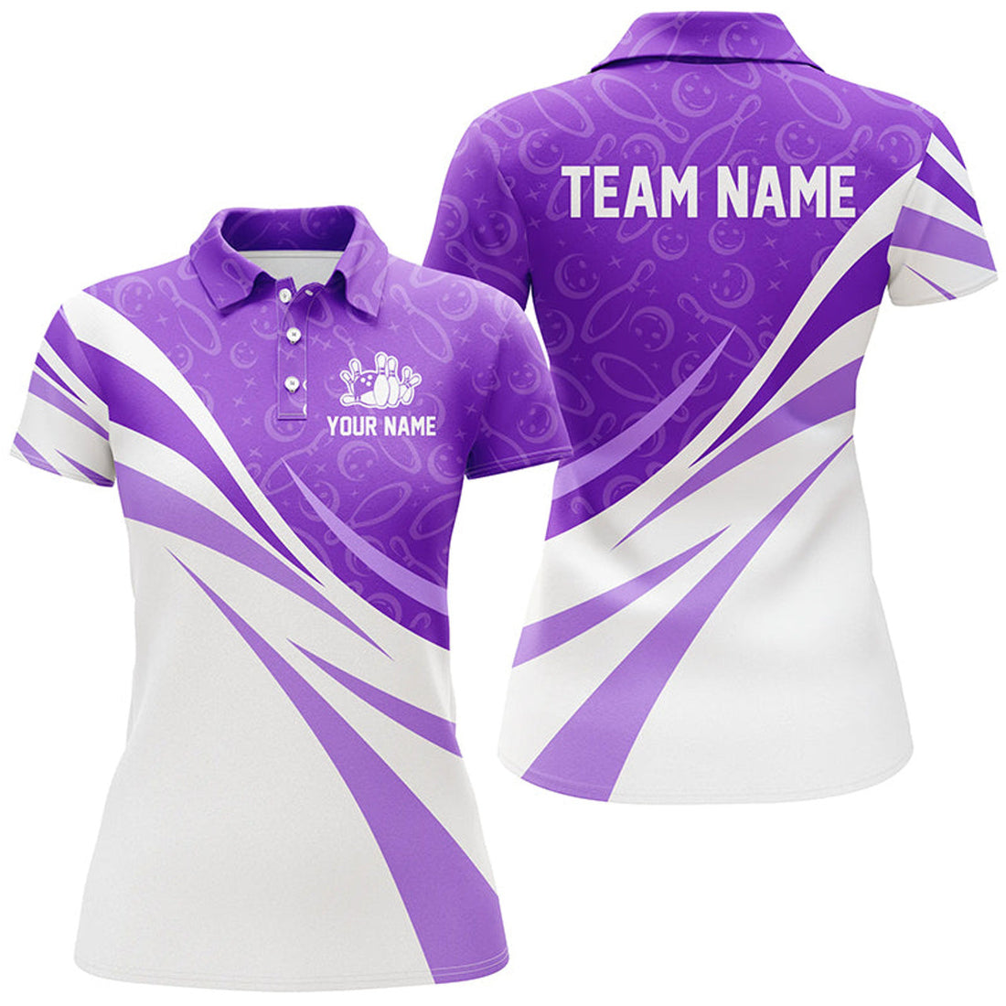 Custom White & Purple Camo Women Bowling Polo Custom Team Bowling Jerseys, Gift For Bowler