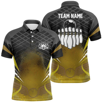 FUNSTUFFPRINT Mens polo bowling shirt Custom black gold bowling ball pins team league jersey, bowling gift Polo Shirt Size S-5XL