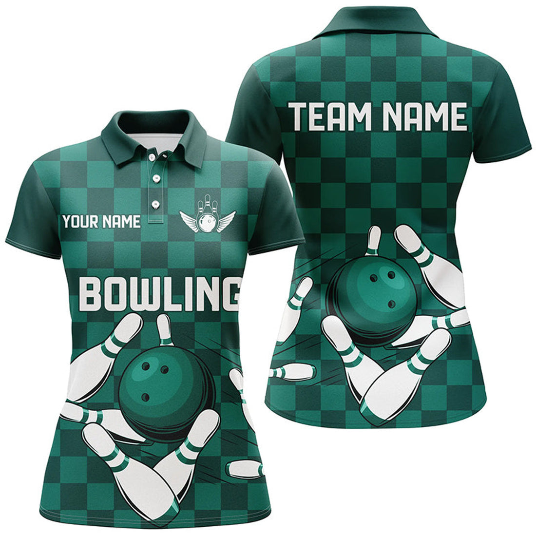 Custom Green Checkered Women Bowling Polo, Shirt Custom Team Bowling Jerseys, Ladies Bowling Outfits